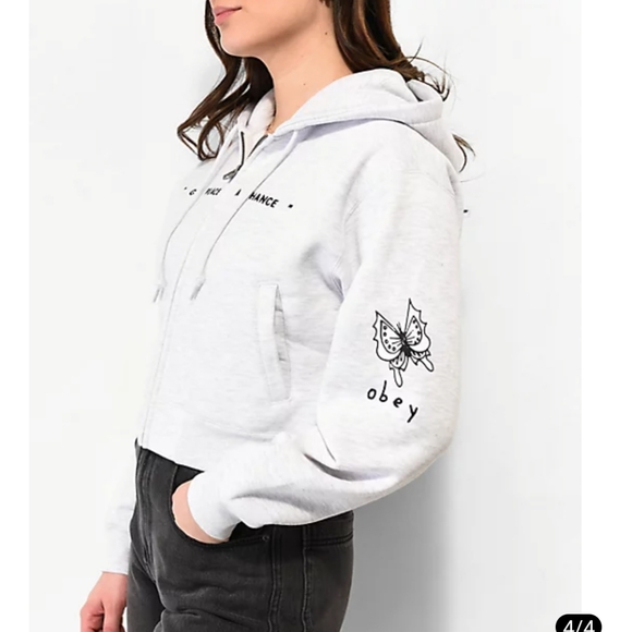 Obey Axel Give Peace Grey Crop Zip Hoodie Graphic Embroidered Edgy Sz Small - Picture 4 of 11